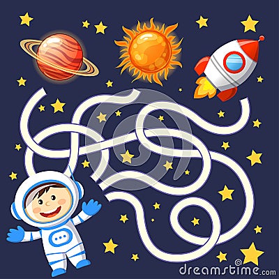 Help cosmonaut find path to rocket. Labyrinth. Maze game for kids Vector Illustration